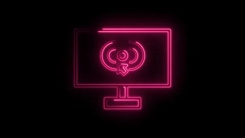 Neon computer screen displaying target icon with a cursor glowing pink on black Stock Footage 322957545