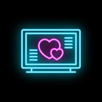 Neon computer screen displaying two hearts for online dating Stock Illustration