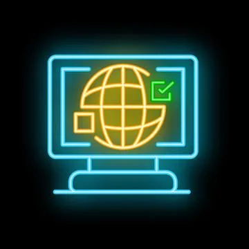 Neon computer screen displaying worldwide shipping icon for e commerce Stock Illustration