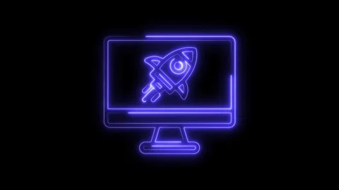 Neon computer screen displays rocket launch symbol for startup business and.. Stock Footage 316842606
