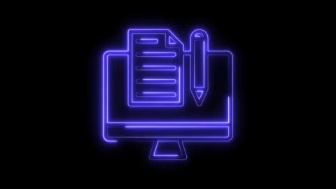 Neon computer screen with document and pencil for online writing and editing Stock Footage 316842852