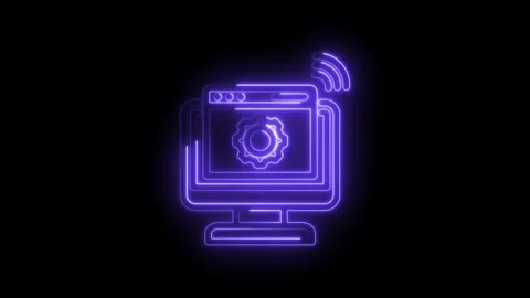 Neon computer screen with gear and wifi signal glowing purple on icon black Stock Footage 333956140