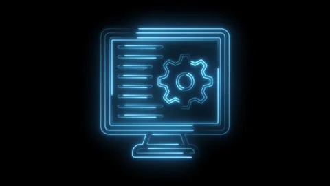 Neon computer screen with gear animation glowing blue lines software development Stock Footage 322989658