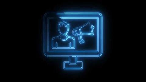 Neon computer screen with influencer and megaphone digital marketing announ.. Stock Footage 308901276