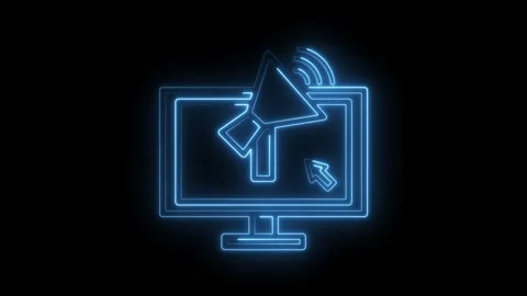 Neon computer screen with megaphone and cursor animation glowing brightly for Stock Footage 322957459
