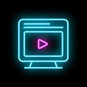 Neon computer screen playing video with glowing play button icon Stock Illustration