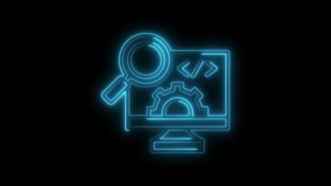 Neon computer screen with programming code and gear icon for search and opt.. Stock Footage 312316079