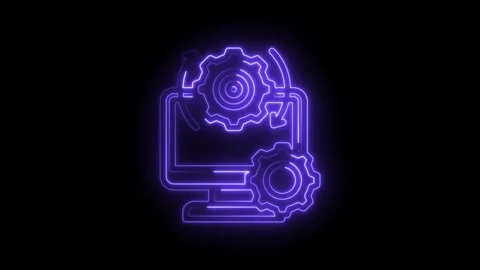 Neon computer screen with rotating gears and arrows symbolizing process aut.. Stock Footage 346123717