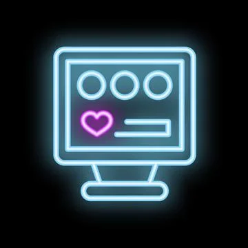 Neon computer screen showing dating app interface with heart symbol for lov.. Stock-Illustration