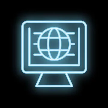 Neon computer screen showing globe icon for global communication Stock Illustration