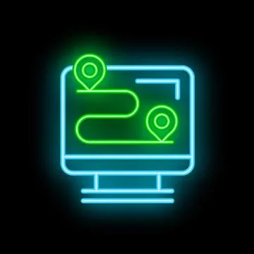 Neon computer screen showing gps navigation with pin pointer on the map Stock-Illustration