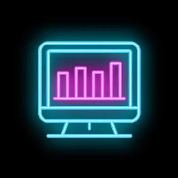 Neon computer screen showing growing bar chart icon on black background Stock Illustration