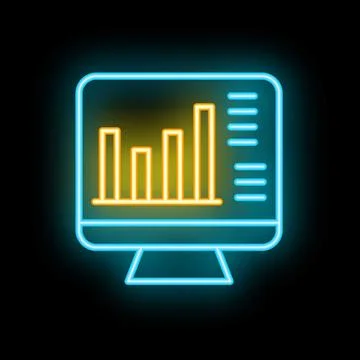 Neon computer screen showing growing bar chart on black background Stock Illustration