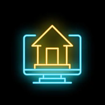 Neon computer screen showing a house icon, representing concepts like real es Stock Illustration
