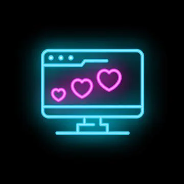 Neon computer screen showing increasing love hearts icon on black background Stock Illustration