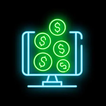 Neon computer screen showing increasing dollar coins making money online co.. 库存插图