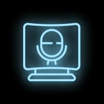 Neon computer screen showing microphone icon for podcast recording Illustrazione stock