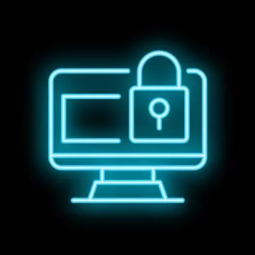 Neon computer screen showing padlock for cybersecurity concept Illustrazione stock