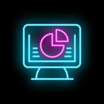 Neon computer screen showing pie chart icon for online business presentation Stock Illustration