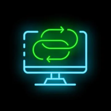 Neon computer screen showing rotating arrows symbolizing update process イラスト素材