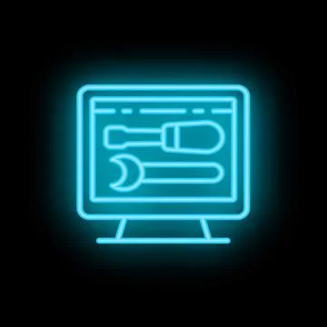 Neon computer screen showing screwdriver and wrench for online repair service Illustrazione stock