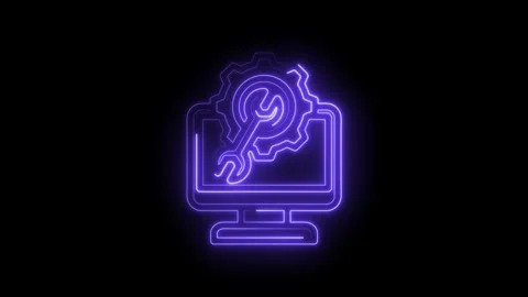 Neon computer screen with wrench and gear icon symbolizing I T support tech.. Stock Footage 346826091