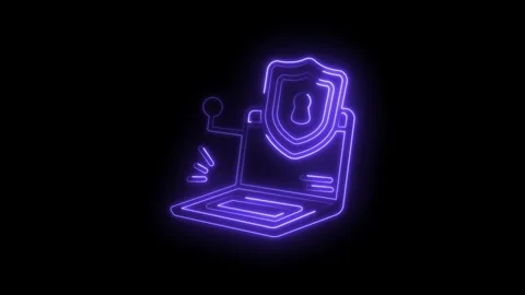 Neon computer with security shield,keyhole protecting digital data,cyber se.. Stock Footage 345885160