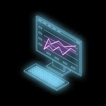 Neon computer showing growing chart on black background Stock Illustration