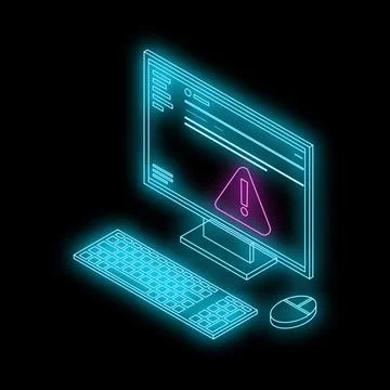 Neon computer showing warning alert on black background Stock Illustration