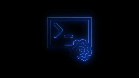 Neon computer terminal with gear icon for technology and IT support videos Stock Footage 347337002