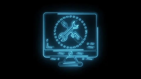 Neon computer with tools icon glows on black background showing technical Stock Footage 322989765