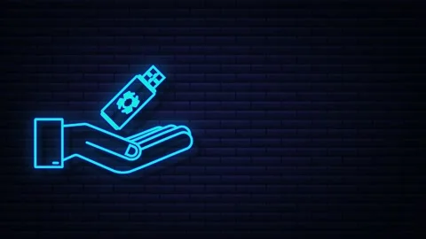 Neon Computer virus on usb flash card in hands. Virus protection. motion graphic Stock Footage 169292152