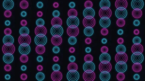 Neon concentric circles pattern moving vertically across dark digital background Stock Footage 345315570