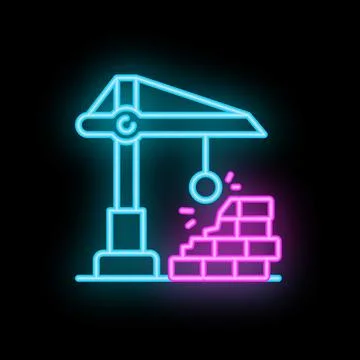 Neon construction crane destroying brick wall Stock Illustration