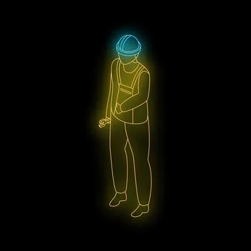 Neon construction worker holding wrench in isometric view Stock Illustration