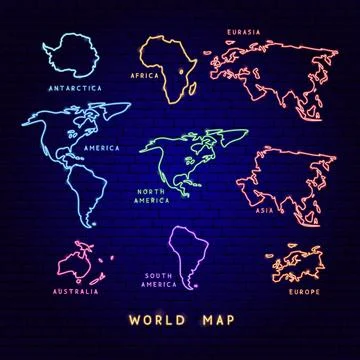 Neon Continents World Map Stock Illustration