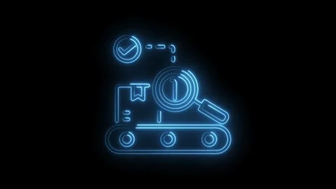 Neon conveyor belt with box magnifying glass and check mark icon animation Stock Footage 330775030