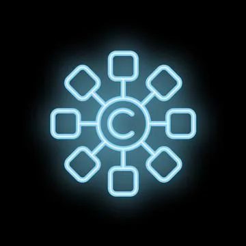 Neon copyright symbol connecting data on black background Stock Illustration