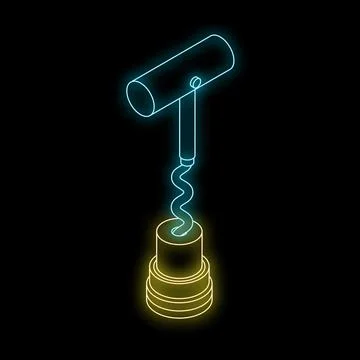 Neon corkscrew opening wine bottle isometric view Illustration