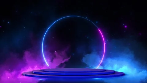 Neon cosmic podium background glowing blue and pink ring, smoky space atmosphere Stock Footage 340471851