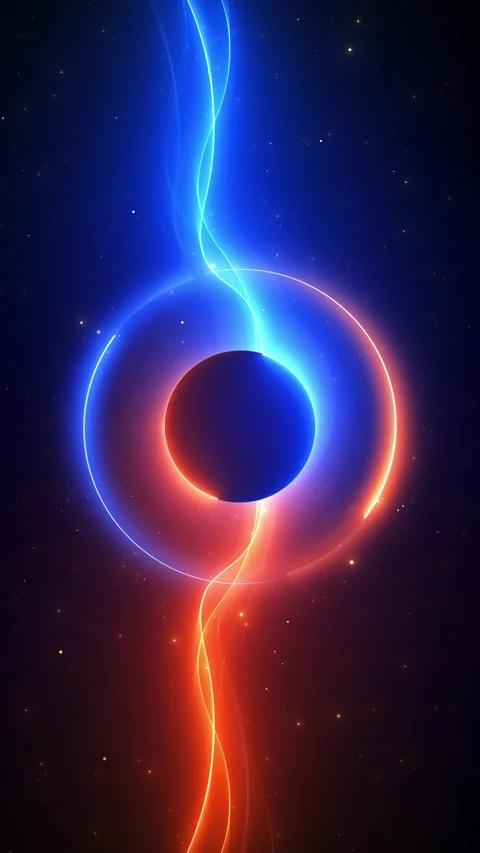 Neon cosmic sphere wave background blue and orange light trails, circular glow, Stock Footage 340478376