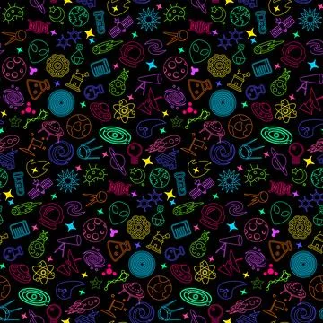 Neon cosmos science seamless pattern in outline style Stock Illustration