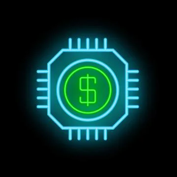 Neon cpu chip generating digital money icon glowing on black background Stock Illustration