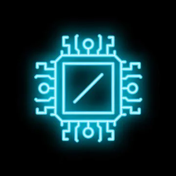 Neon cpu chip glowing on black background Stock Illustration