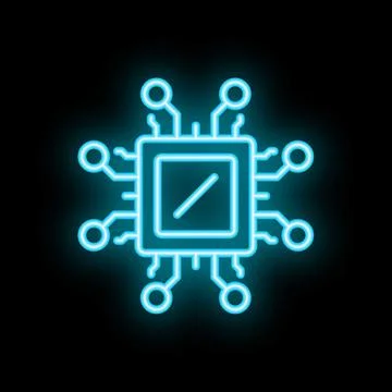 Neon cpu chip glowing on black background Illustrazione stock