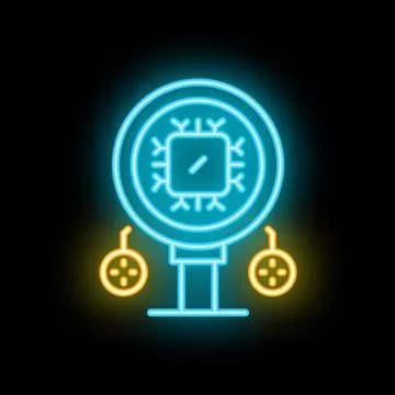 Neon cpu chip icon glowing in circle frame with mouse buttons below 스톡 일러스트