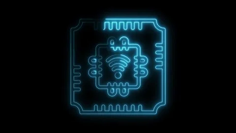 Neon cpu chip with wireless connectivity on a black background seamless loop Stock Footage 314540291