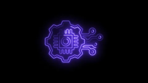 Neon cpu circuit board gear symbol animation on black background artificial Stock Footage 330781664