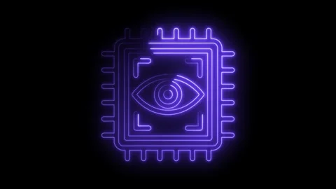 Neon cpu eye icon on black background illustrating artificial intelligence Stock Footage 322974842