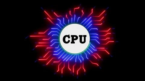 Neon cpu glowing in the dark background Illustrazione stock
